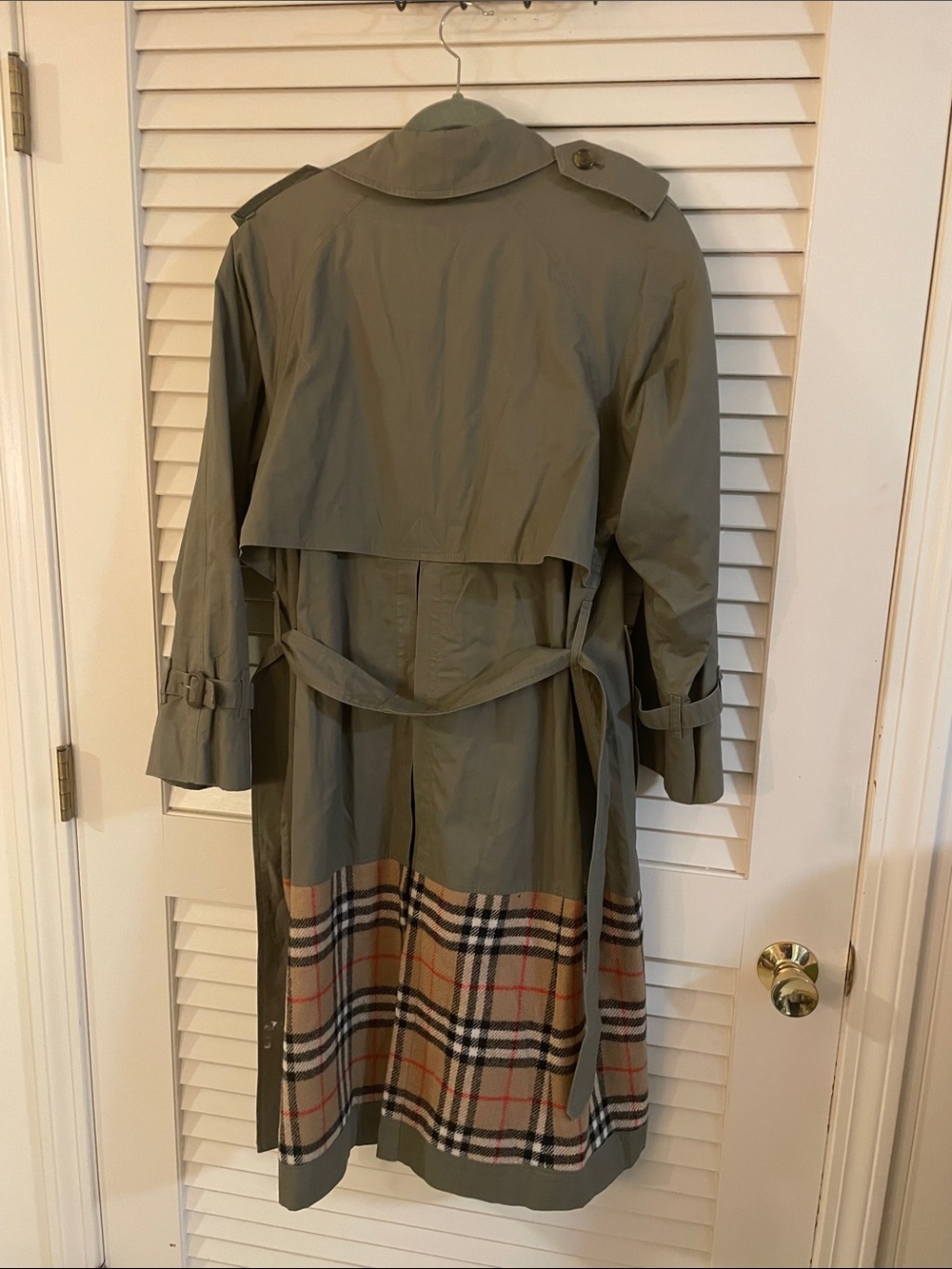 Burberrys’ Olive Double Breasted Trench Coat Signature Check Plaid Hem Vtg - Picture 13 of 16